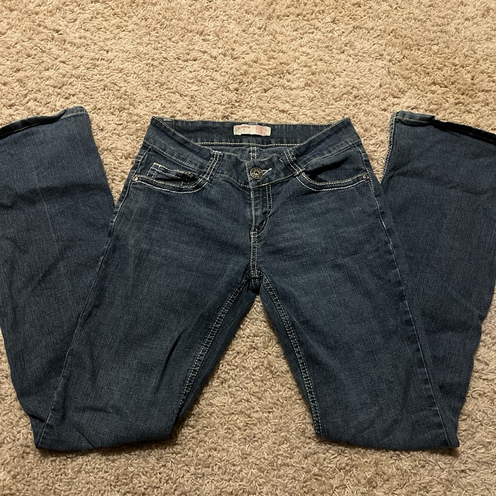 Dark wash low rise flare jeans